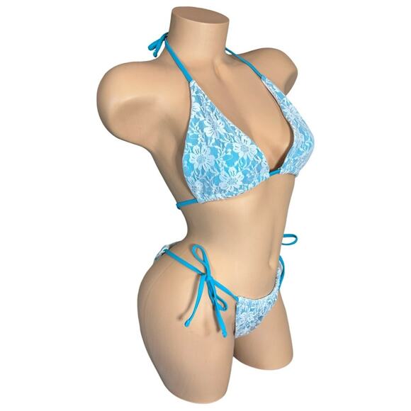 Boutique Women's Blue Bikini With Lace Overlay Large Set - Picture 13 of 14